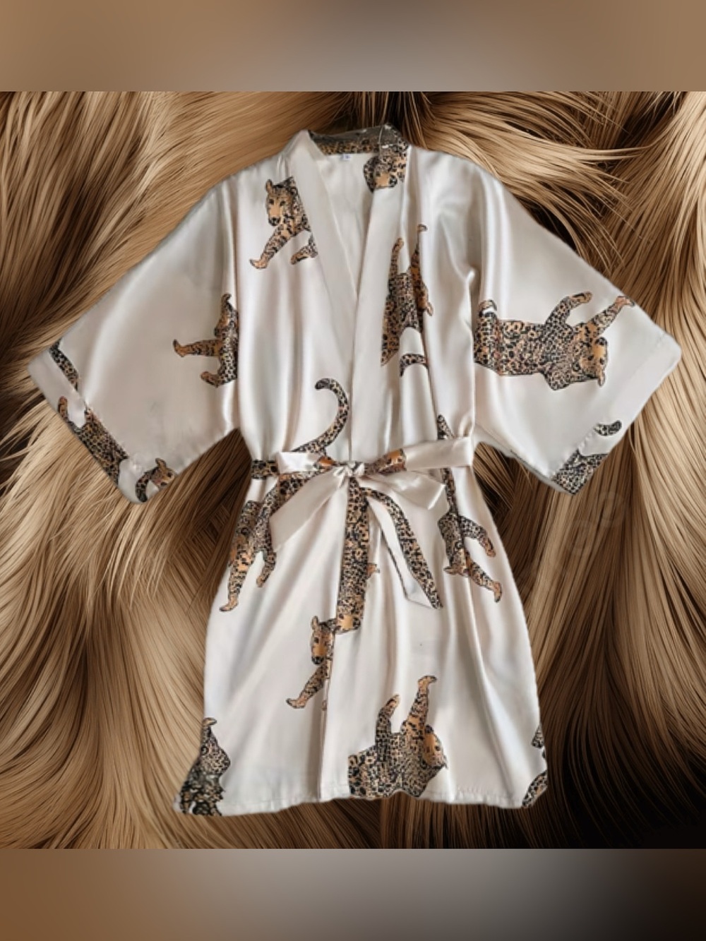 Satin Leopard Print Kimono Robe - Cream